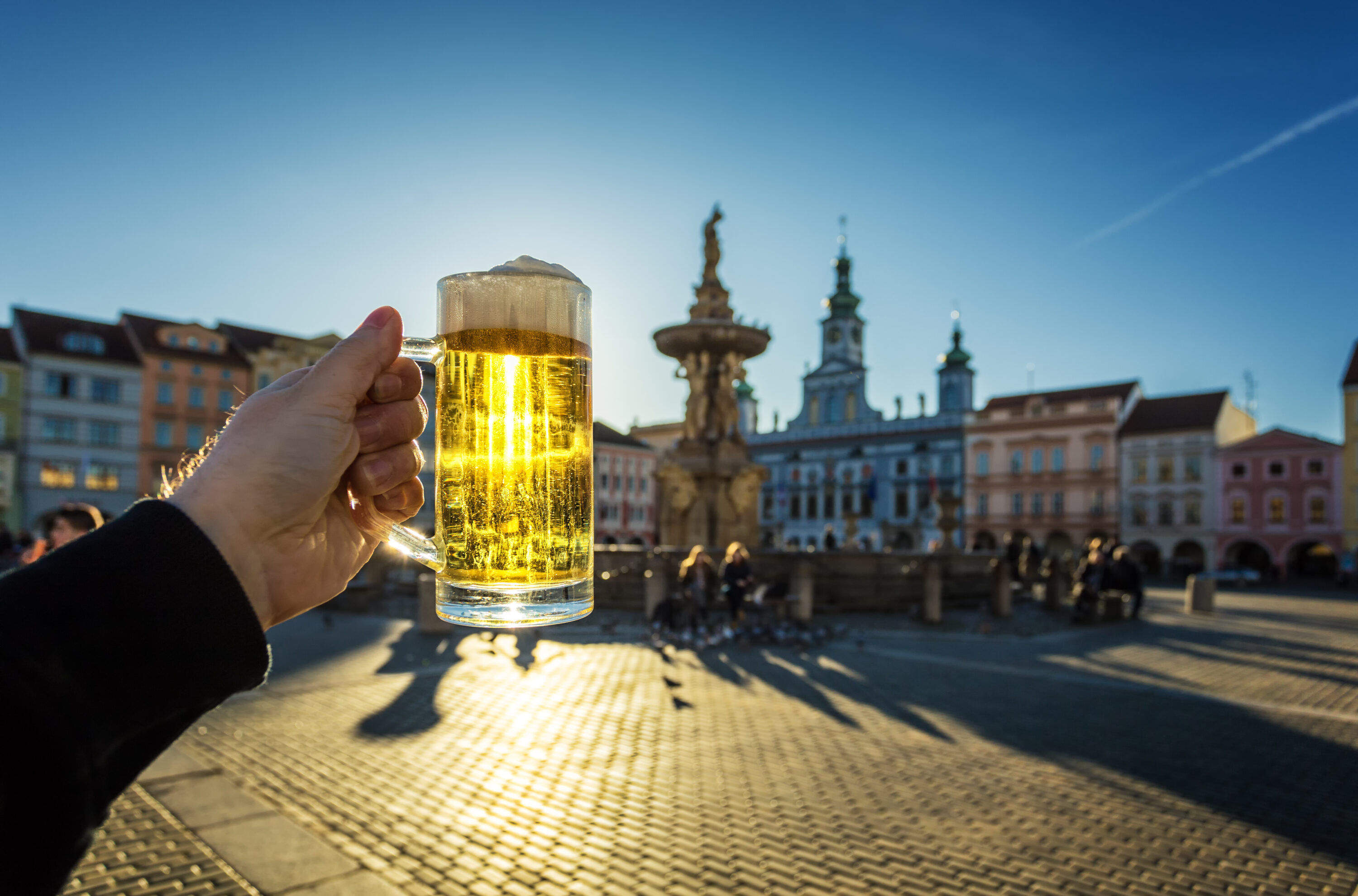 Hand holding a frosty beer mug in a sunlit city square with a fountain and historic buildings in the background.